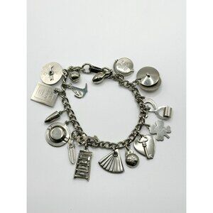 VINTAGE 1950'S 7" SILVERTONE METAL MECHANICAL CHARM BRACELET 18 CHARMS